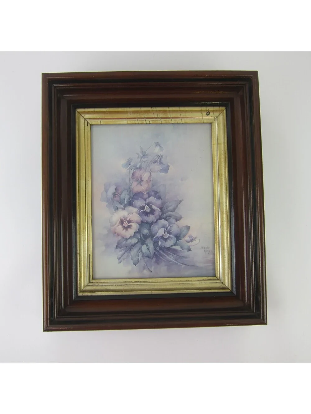 Antique Victorian Deep Picture Frame Wood Gold Gilt Sonie Ames Flower Print